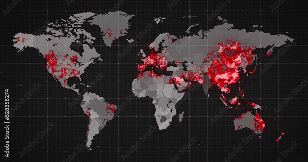 Poster animation of the world map and countries turning red through circles in a dark background