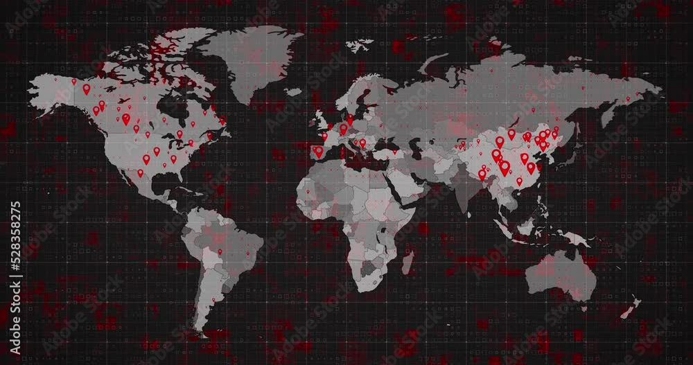 Poster animation of the world map and countries turning red through circles in a dark background