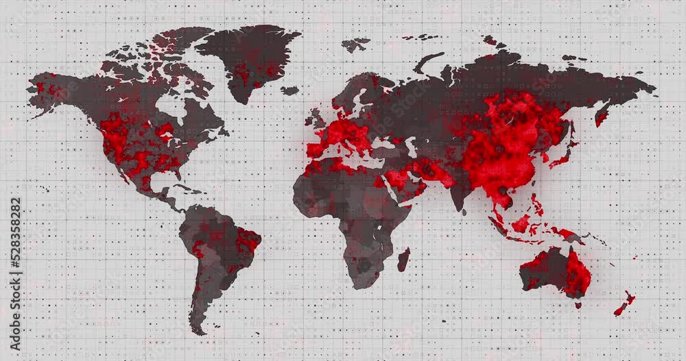Poster animation of the world map and countries turning red through circles in a white background
