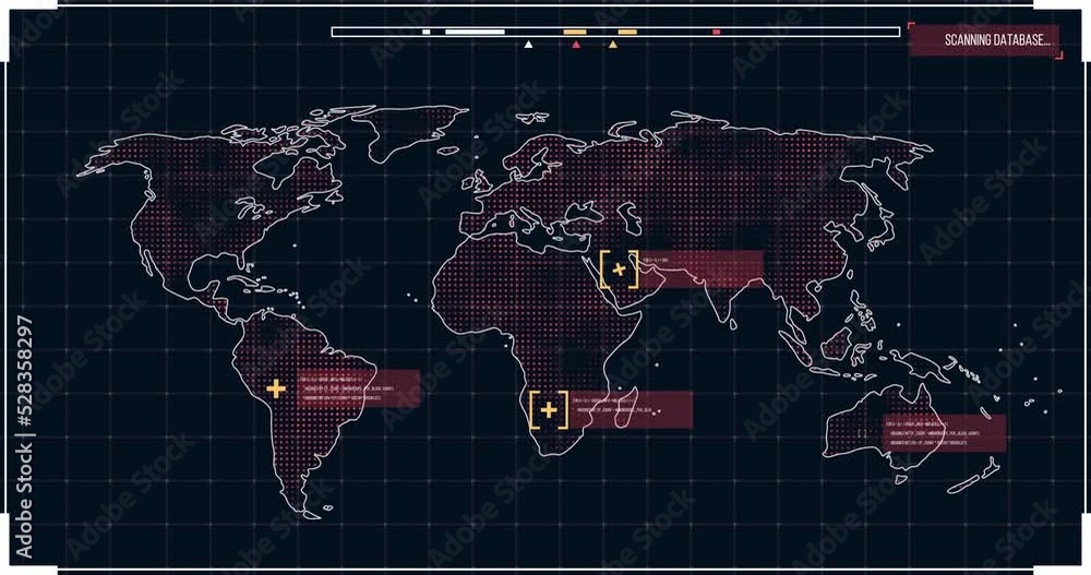 Poster Animation of the world map in red on a screen with icons popping 
