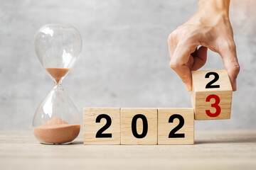 hand flipping block 2022 to 2023 text with hourglass on table. Resolution, time, plan, goal,...