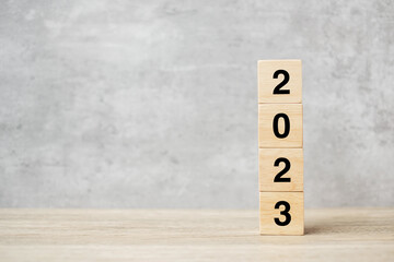 block 2023 text on table. Resolution, strategy, plan, goal, motivation, reboot, business and New Year holiday concepts