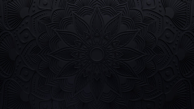 Black Decorative Pattern Wallpaper. Three-dimensional Diwali Festival Concept. 3D Render.