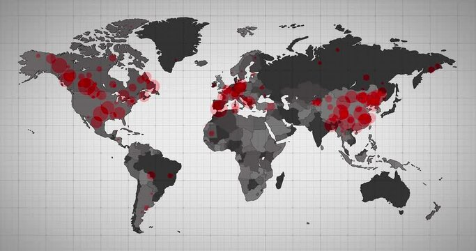 Animation of the world map and countries turning red through circles in a white background