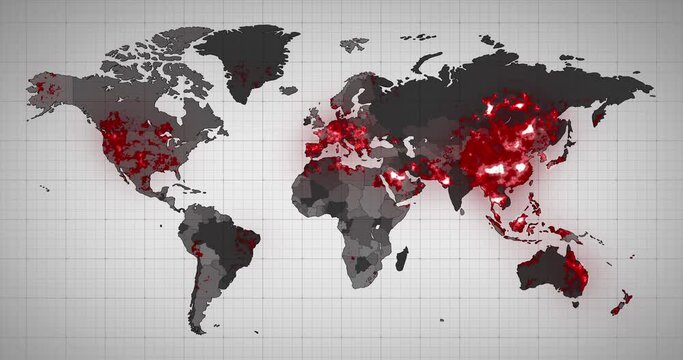 Animation of the world map and countries turning red through circles in a white background