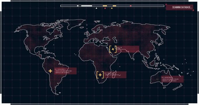 Animation of the world map in red on a screen with icons popping 