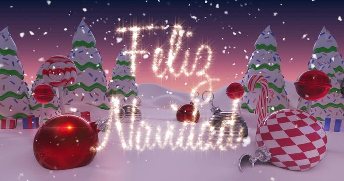 Animation of Feliz Navidad written in shiny letter on snowy landscape with Christmas balls