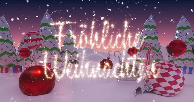 Animation of German Christmas Message written in shiny letter on snowy landscape with Christmas bal