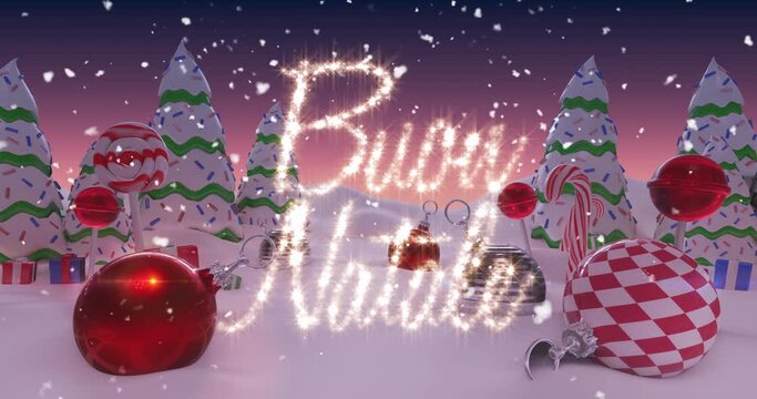 Animation of Spanish Christmas Message written in shiny letter on snowy landscape with Christmas bal
