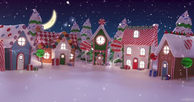 Animation of Feliz Navidad written in shiny letter on snowy city