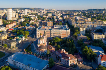 Fototapeta na wymiar Aerial view of historical part of Saratov and Troitsky cathedral on sunny summer morning. Volga, Russia.