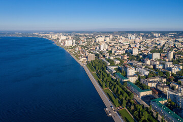 Aerial view of Volga river embankment on sunny summer morning. Saratov, Russia.