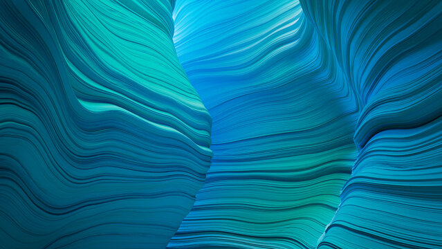 3D Rendered Cave with Blue and Turquoise Undulating Surfaces.