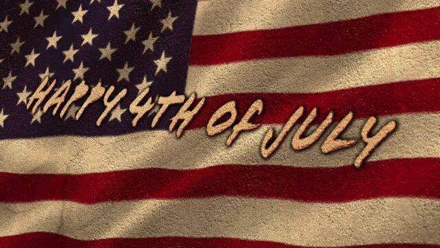 Animation of handwritten text Happy 4th of July with an U.S. flag waving in the background