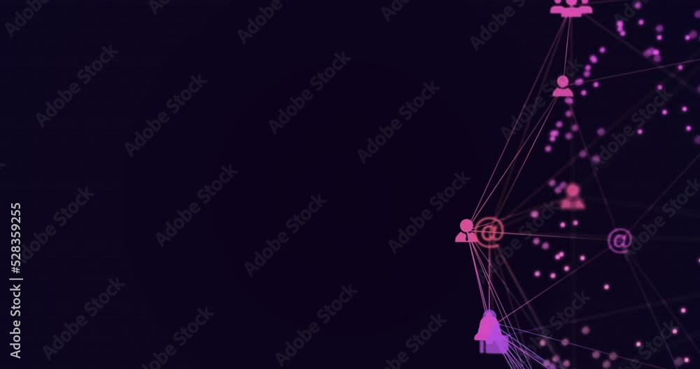 Poster animation of digital interface and network of connections with social networking pink icons on purpl