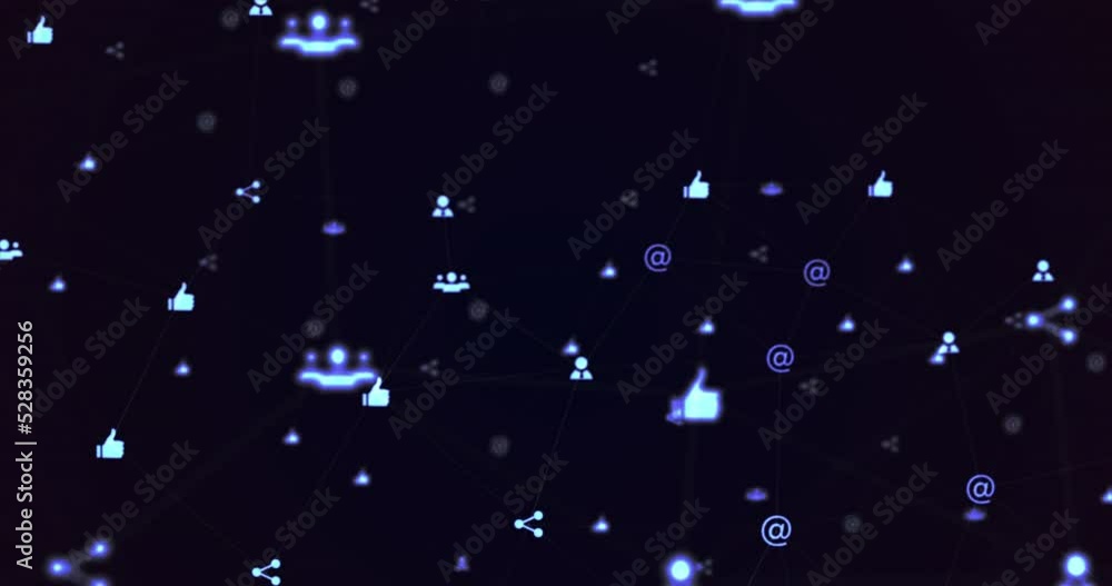 Poster animation of digital interface and network connections with purple social networking icons on black