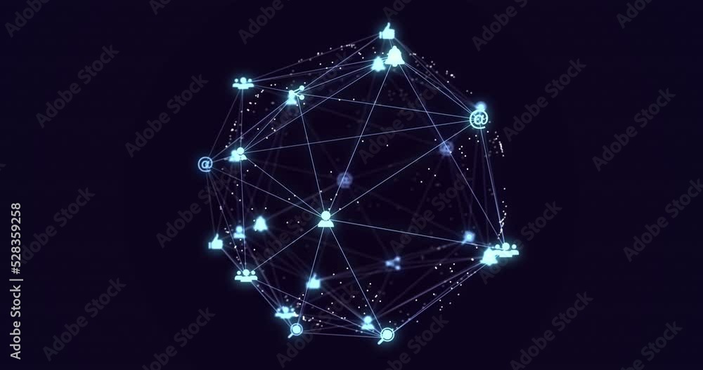 Poster animation of digital interface and network of connections with social networking glowing icons on pu