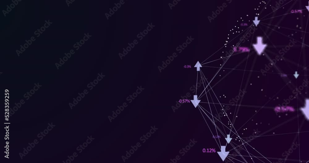 Poster animation of digital interface and network connections with arrows and numbers growing on purple bac