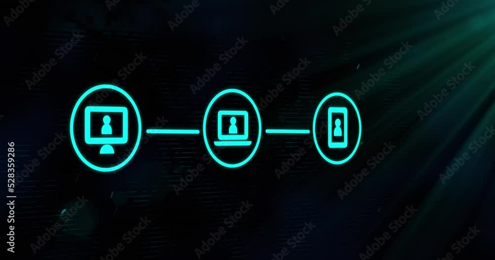 Poster animation of three green digital computer interface icons on glowing green background