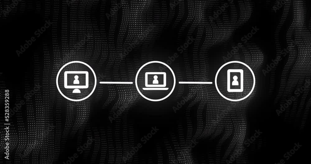 Poster animation of three white digital computer interface icons on mesh black background