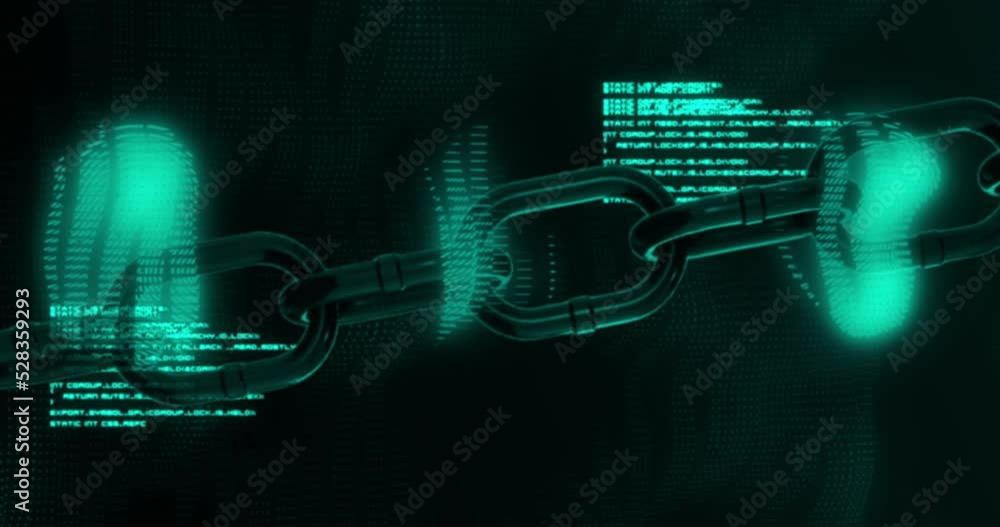 Poster animation of digital computer interface with data processing and chain links on green glowing backgr
