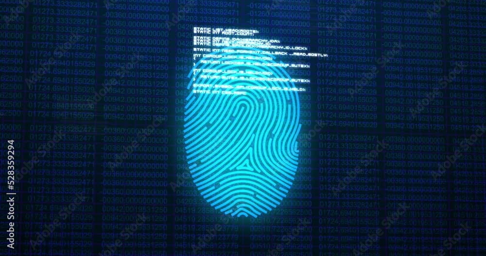 Poster animation of digital biometric fingerprint computer interface icon on mesh black background