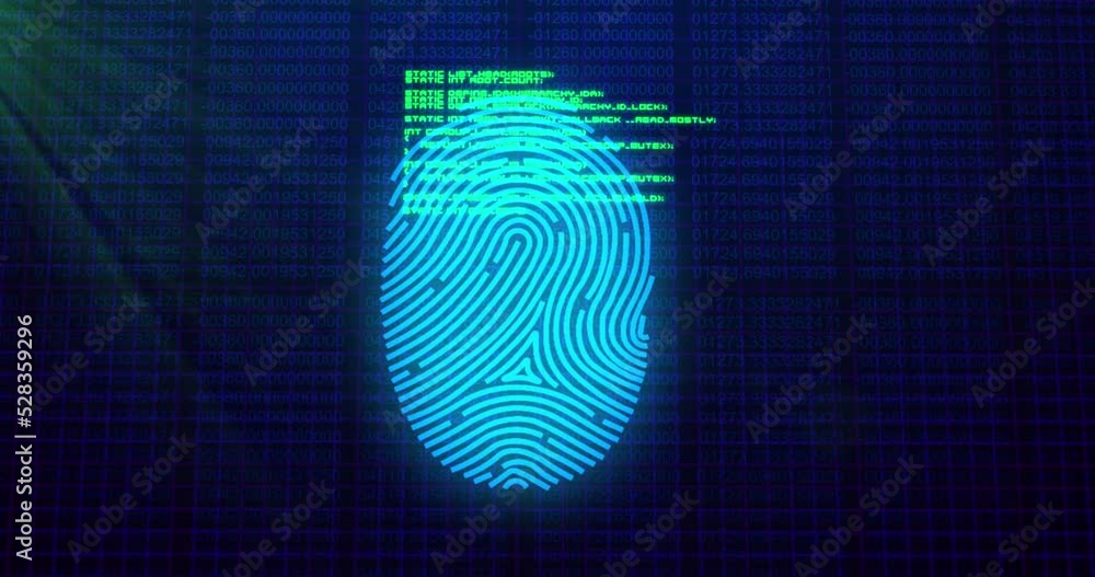 Poster animation of digital biometric fingerprint computer interface icon on mesh black background