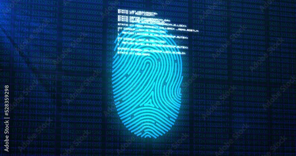 Poster animation of digital biometric fingerprint computer interface icon on mesh black background