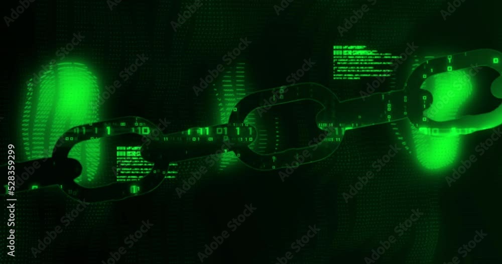 Poster animation of digital computer interface with data processing and chain links on green glowing backgr
