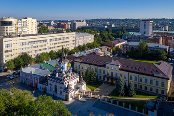 View of Quench My Sorrows church and Saratovskaya Eparchy building on sunny day. Saratov, Volga, Russia..