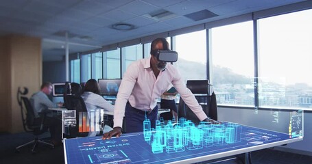 Animation of a businessman wearing a VR headset with a 3d plan on a table - Powered by Adobe