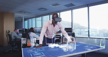 Animation of a businessman wearing a VR headset with a 3d plan on a table - Powered by Adobe