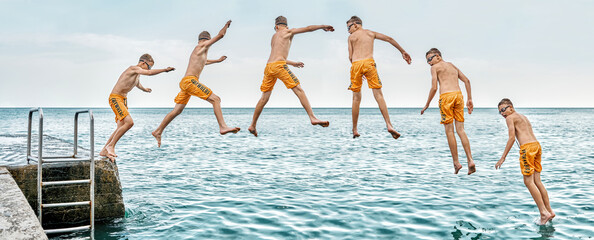 Sequence of jump. Moments of schoolboy jumping from stone pier with ladder into sea doing tricks in combined image sequence