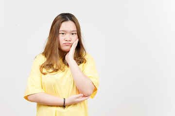 Boring gesture of Beautiful Asian Woman wearing yellow T-Shirt Isolated On White Background
