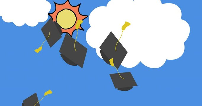 Animation of graduation college university hats being thrown in the air with blue sky in the backgro