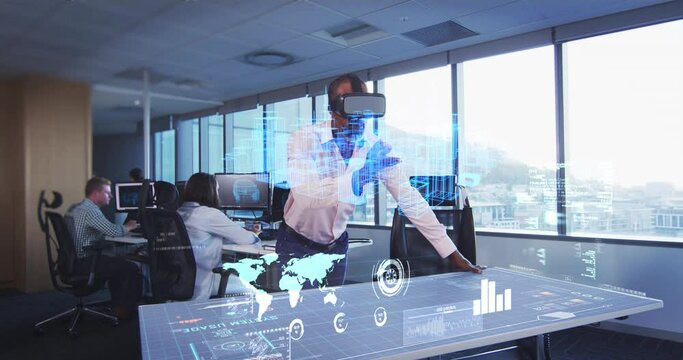 Animation of a businessman wearing a VR headset with a 3d plan on a table