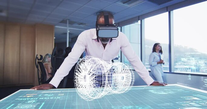 Animation of a businessman wearing a VR headset with a 3d plan on a table