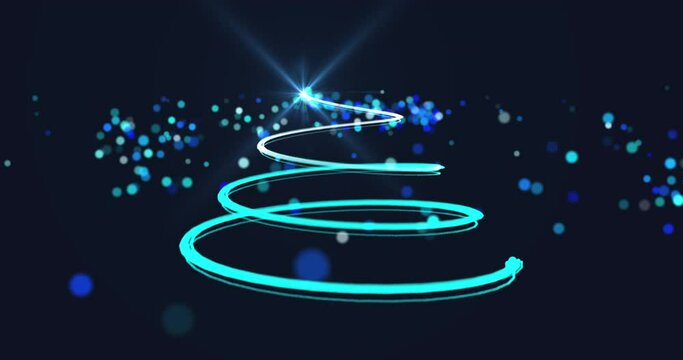 Animation of the words Merry Christmas and Christmas tree glowing stars on blue background