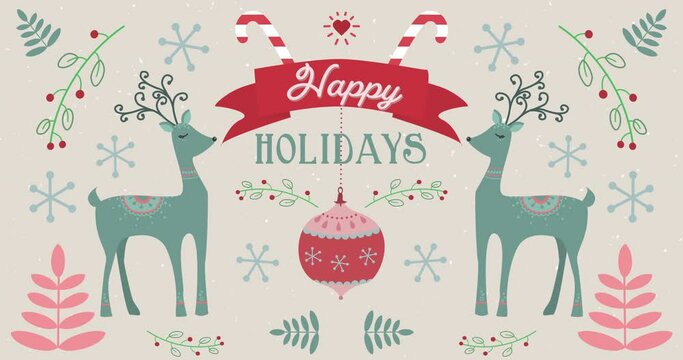 Animation of Happy Holidays words and moving deers on Christmas decorations background