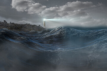 Stormy sea with lighthouse