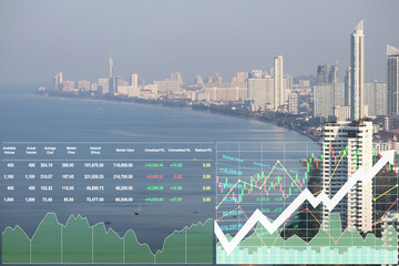 Stock financial index data with graph, chart and candlesticks on Pattaya seaside resort city aerial...