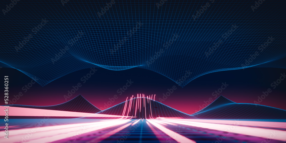 Poster 3d rendering neon wireframe landscape with mountain and red light trails. abstract technology backgr