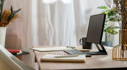 working desk at home before video conference online