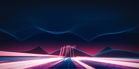 3d rendering neon wireframe landscape with mountain and red light trails. Abstract technology background.