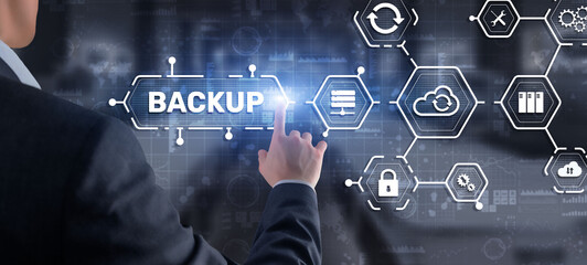 Backup Storage Data Technology concept. Businessman touching Backup