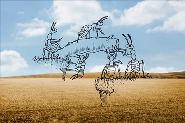 Tuinposter Working ants over countryside © vectorfusionart