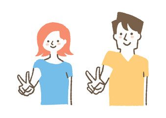 ピースサインする男女二人_色