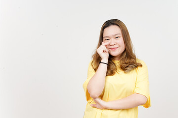 Fototapeta premium Showing Korean Love Finger of Beautiful Asian Woman wearing yellow T-Shirt Isolated On White