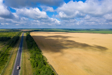 Aerial view of wheat field and a road on sunny summer day. Saratov Oblast, Russia..