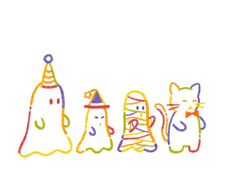 Halloween ghosts and cats Simple and cute colorful hand drawn illustration / ハロウィーンのおばけとネコ シンプルでかわいいカラフルな手描きイラスト